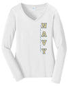 Women's Navy Midshipmen Long Sleeve V-Neck Tee Shirt - USNA Vertical Navy