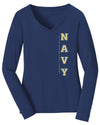 Women's Navy Midshipmen Long Sleeve V-Neck Tee Shirt - USNA Vertical Navy