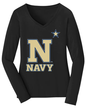 Women's Navy Midshipmen Long Sleeve V-Neck Tee Shirt - US Naval Academy Star Logo