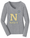 Women's Navy Midshipmen Long Sleeve V-Neck Tee Shirt - US Naval Academy Star Logo