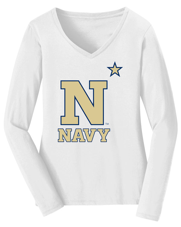 Women's Navy Midshipmen Long Sleeve V-Neck Tee Shirt - US Naval Academy Star Logo