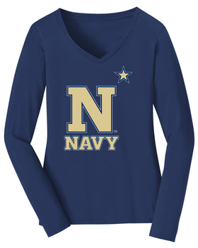 Women's Navy Midshipmen Long Sleeve V-Neck Tee Shirt - US Naval Academy Star Logo