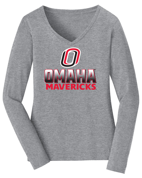 Women's Omaha Mavericks Long Sleeve V-Neck Tee Shirt - Full Color Fade Omaha