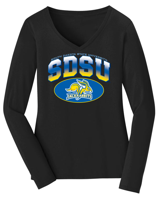 Women's South Dakota State Jackrabbits Long Sleeve V-Neck Tee Shirt - SDSU Full Color Fade Plus Primary Logo