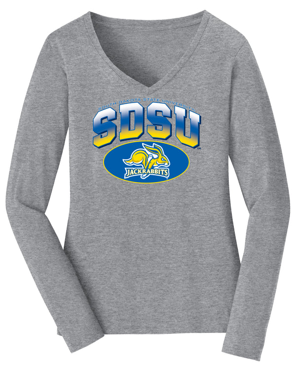 Women's South Dakota State Jackrabbits Long Sleeve V-Neck Tee Shirt - SDSU Full Color Fade Plus Primary Logo