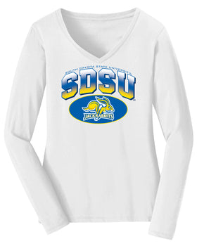 Women's South Dakota State Jackrabbits Long Sleeve V-Neck Tee Shirt - SDSU Full Color Fade Plus Primary Logo