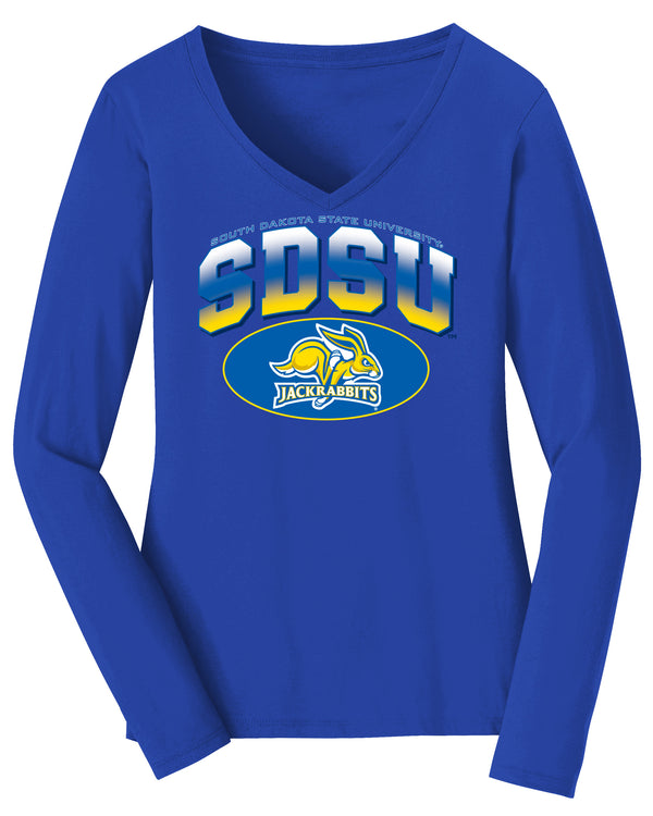 Women's South Dakota State Jackrabbits Long Sleeve V-Neck Tee Shirt - SDSU Full Color Fade Plus Primary Logo