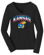 Women's Kansas Jayhawks Long Sleeve V-Neck Tee Shirt - Full Color Fade Kansas Logo
