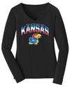 Women's Kansas Jayhawks Long Sleeve V-Neck Tee Shirt - Full Color Fade Kansas Logo