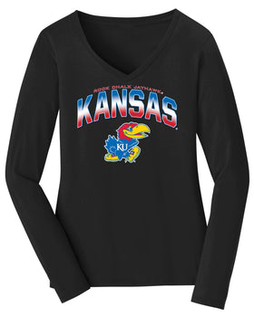 Women's Kansas Jayhawks Long Sleeve V-Neck Tee Shirt - Full Color Fade Kansas Logo