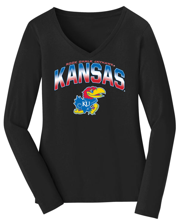 Women's Kansas Jayhawks Long Sleeve V-Neck Tee Shirt - Full Color Fade Kansas Logo