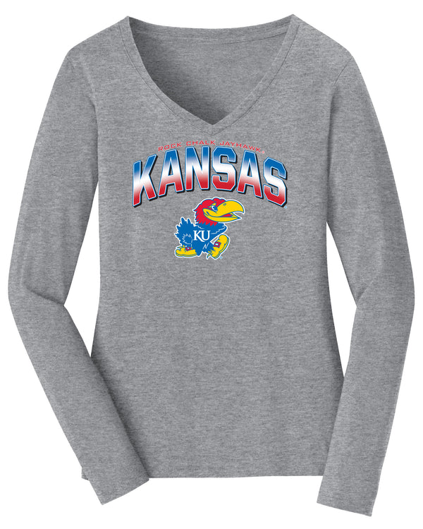 Women's Kansas Jayhawks Long Sleeve V-Neck Tee Shirt - Full Color Fade Kansas Logo