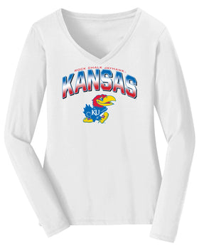 Women's Kansas Jayhawks Long Sleeve V-Neck Tee Shirt - Full Color Fade Kansas Logo