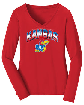 Women's Kansas Jayhawks Long Sleeve V-Neck Tee Shirt - Full Color Fade Kansas Logo