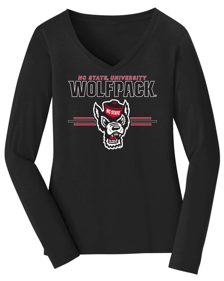 Women's North Carolina State Wolfpack Long Sleeve V-Neck Tee Shirt - 3-Stripe Primary Logo
