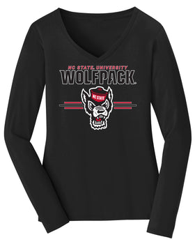 Women's North Carolina State Wolfpack Long Sleeve V-Neck Tee Shirt - 3-Stripe Primary Logo