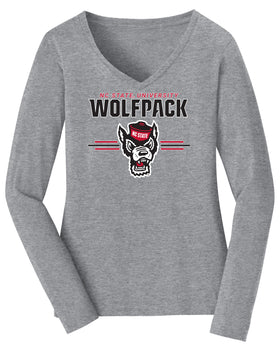 Women's North Carolina State Wolfpack Long Sleeve V-Neck Tee Shirt - 3-Stripe Primary Logo