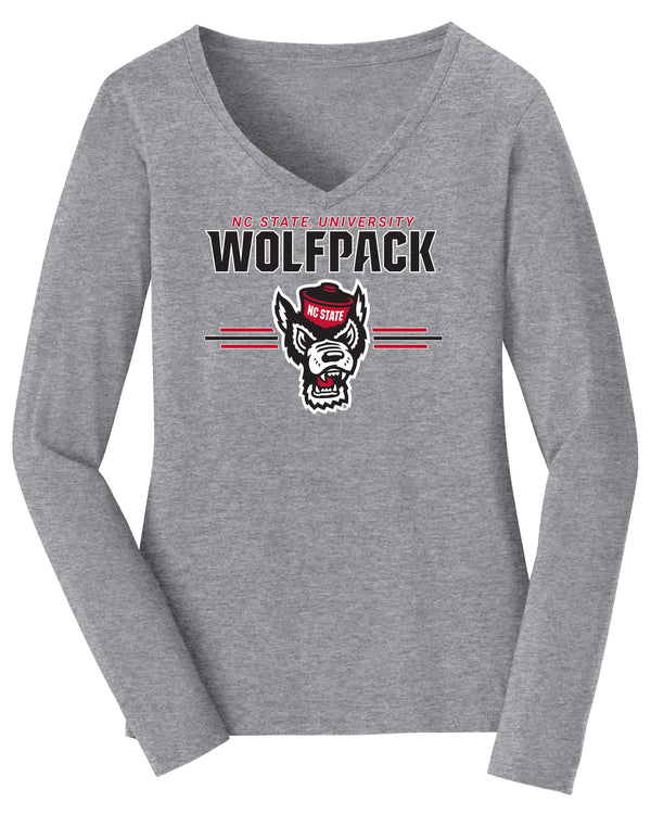 Women's North Carolina State Wolfpack Long Sleeve V-Neck Tee Shirt - 3-Stripe Primary Logo