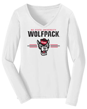 Women's North Carolina State Wolfpack Long Sleeve V-Neck Tee Shirt - 3-Stripe Primary Logo