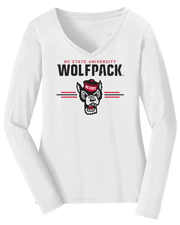 Women's North Carolina State Wolfpack Long Sleeve V-Neck Tee Shirt - 3-Stripe Primary Logo
