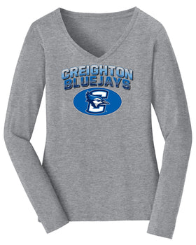 Women's Creighton Bluejays Long Sleeve V-Neck Tee Shirt - Full Color Fade Primary Logo Oval