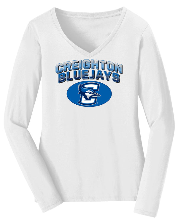 Women's Creighton Bluejays Long Sleeve V-Neck Tee Shirt - Full Color Fade Primary Logo Oval