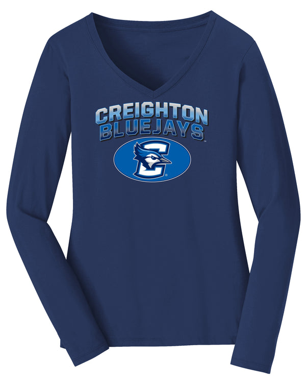 Women's Creighton Bluejays Long Sleeve V-Neck Tee Shirt - Full Color Fade Primary Logo Oval