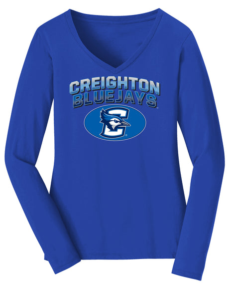Women's Creighton Bluejays Long Sleeve V-Neck Tee Shirt - Full Color Fade Primary Logo Oval