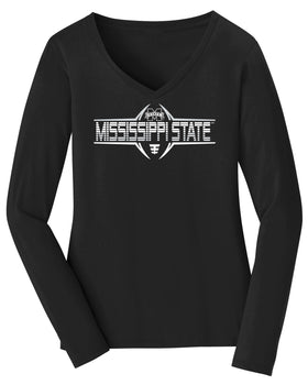 Women's Mississippi State Bulldogs Long Sleeve V-Neck Tee Shirt - Bulldogs Football Striped Laces