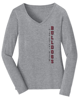 Women's Mississippi State Bulldogs Long Sleeve V-Neck Tee Shirt - Vertical MSU Bulldogs