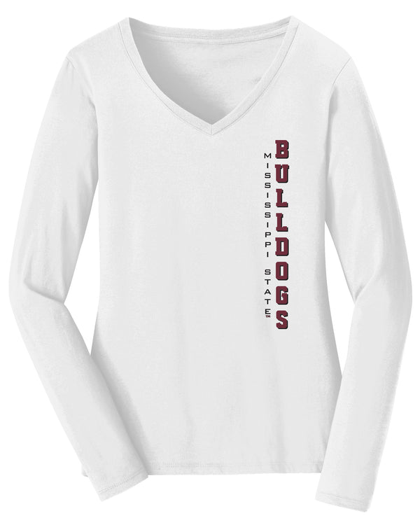 Women's Mississippi State Bulldogs Long Sleeve V-Neck Tee Shirt - Vertical MSU Bulldogs