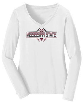 Women's Mississippi State Bulldogs Long Sleeve V-Neck Tee Shirt - Striped MSU Bulldogs Football Laces