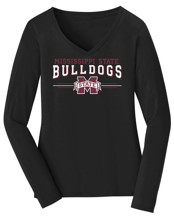 Women's Mississippi State Bulldogs Long Sleeve V-Neck Tee Shirt - MSU Bulldogs 3-Stripe