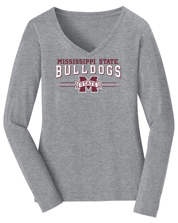 Women's Mississippi State Bulldogs Long Sleeve V-Neck Tee Shirt - MSU Bulldogs 3-Stripe