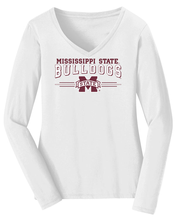 Women's Mississippi State Bulldogs Long Sleeve V-Neck Tee Shirt - MSU Bulldogs 3-Stripe