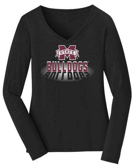 Women's Mississippi State Bulldogs Long Sleeve V-Neck Tee Shirt - Bulldogs Spotlight and Shadow