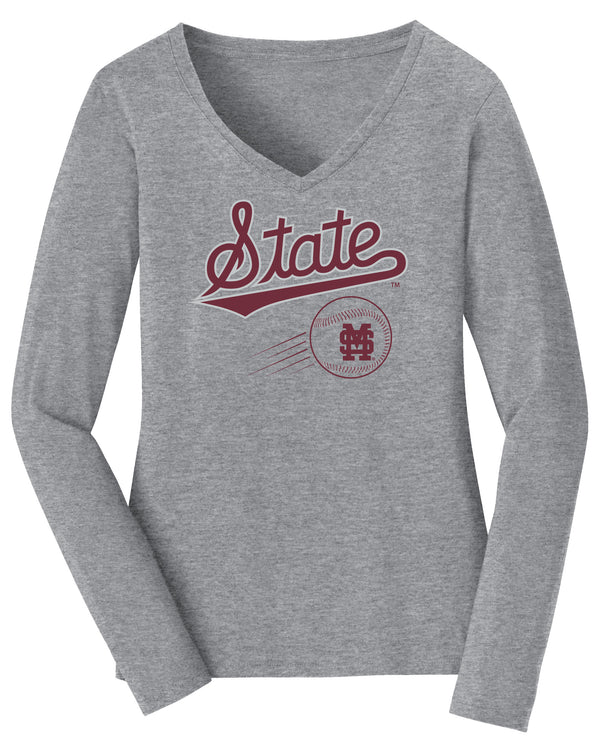 Women's Mississippi State Bulldogs Long Sleeve V-Neck Tee Shirt - Mississippi State Baseball