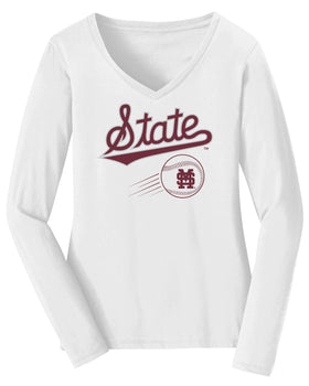 Women's Mississippi State Bulldogs Long Sleeve V-Neck Tee Shirt - Mississippi State Baseball