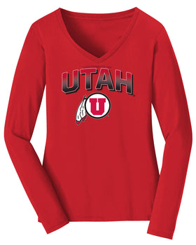 Women's Utah Utes Long Sleeve V-Neck Tee Shirt - Full Color Fade Utah Utes Logo