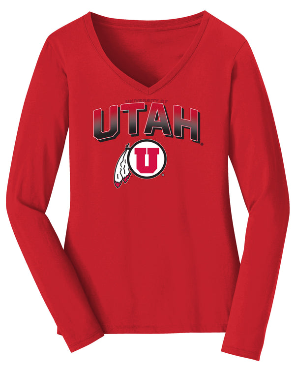 Women's Utah Utes Long Sleeve V-Neck Tee Shirt - Full Color Fade Utah Utes Logo