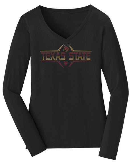 Women's Texas State Bobcats Long Sleeve V-Neck Tee Shirt - Striped Texas State Football Laces