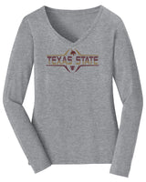 Women's Texas State Bobcats Long Sleeve V-Neck Tee Shirt - Striped Texas State Football Laces