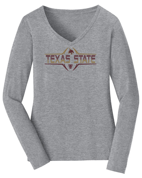 Women's Texas State Bobcats Long Sleeve V-Neck Tee Shirt - Striped Texas State Football Laces