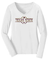 Women's Texas State Bobcats Long Sleeve V-Neck Tee Shirt - Striped Texas State Football Laces