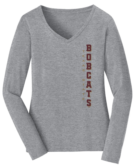 Women's Texas State Bobcats Long Sleeve V-Neck Tee Shirt - Vertical Texas State Bobcats