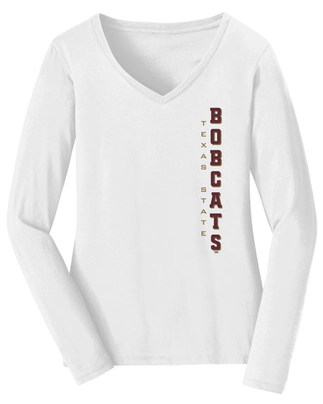Women's Texas State Bobcats Long Sleeve V-Neck Tee Shirt - Vertical Texas State Bobcats