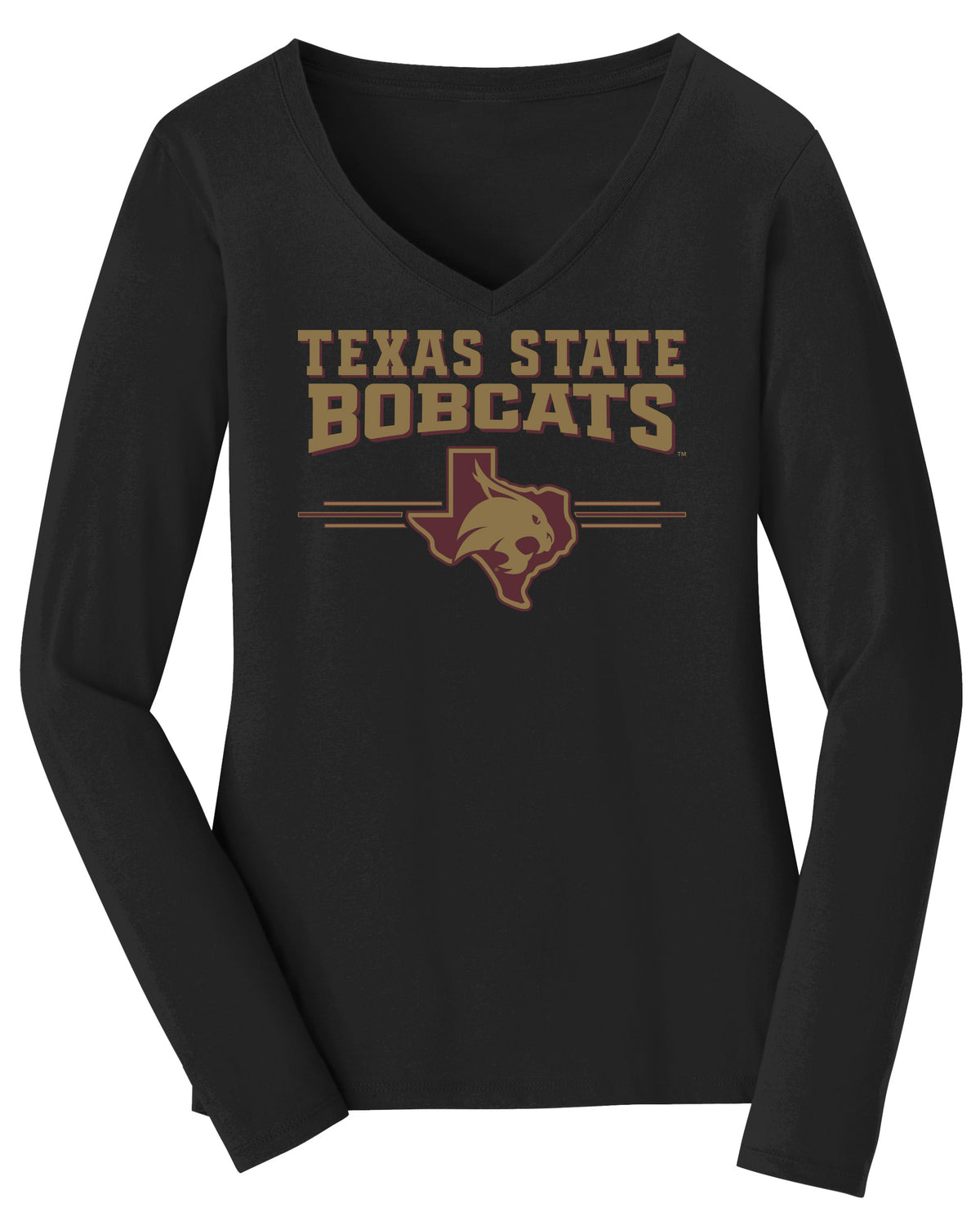 Women's Texas State Bobcats Long Sleeve V-Neck Tee Shirt - 3 Stripe State Outline Logo