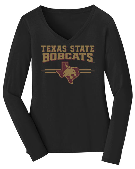 Women's Texas State Bobcats Long Sleeve V-Neck Tee Shirt - 3 Stripe State Outline Logo