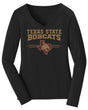 Women's Texas State Bobcats Long Sleeve V-Neck Tee Shirt - 3 Stripe State Outline Logo
