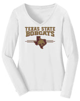 Women's Texas State Bobcats Long Sleeve V-Neck Tee Shirt - 3 Stripe State Outline Logo